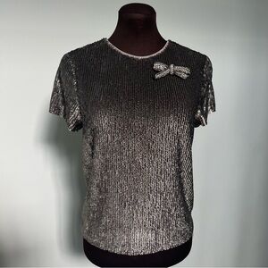 Emily Shalant Women’s Pewter Sequin Short Sleeve Rhinestone Bow Top Size M